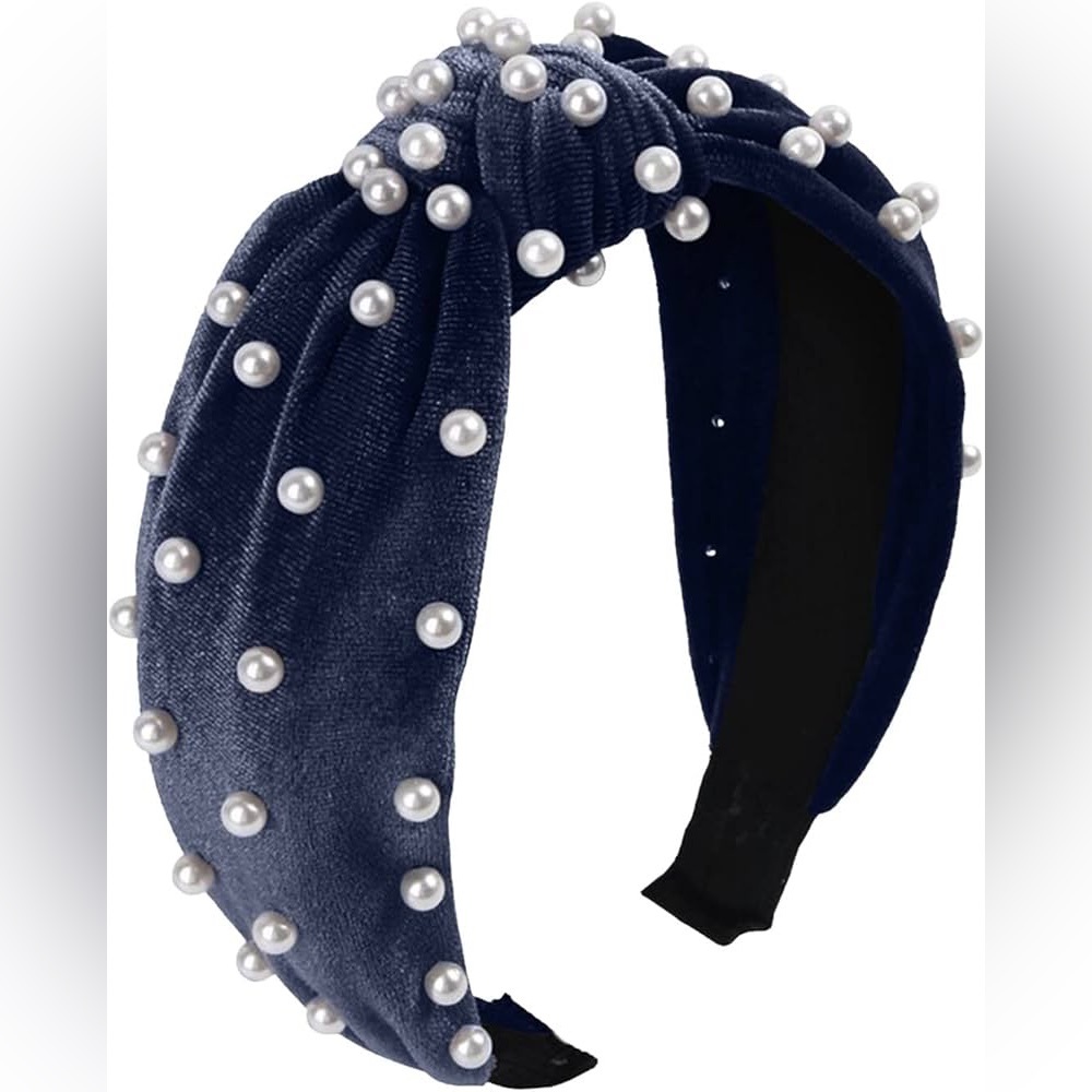 NWOT Navy Blue Velvet Pearl Knotted Headband Elegant Holiday Chic